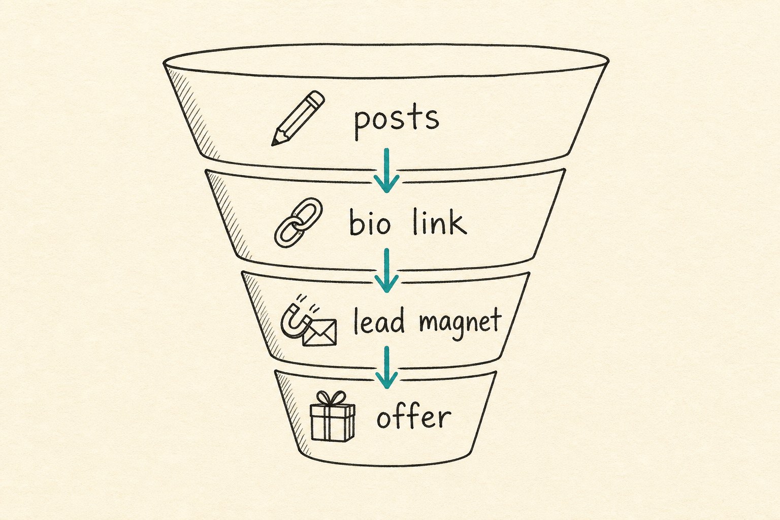 A simple four-step funnel diagram sketched on paper: posts, bio link, lead magnet, and offer