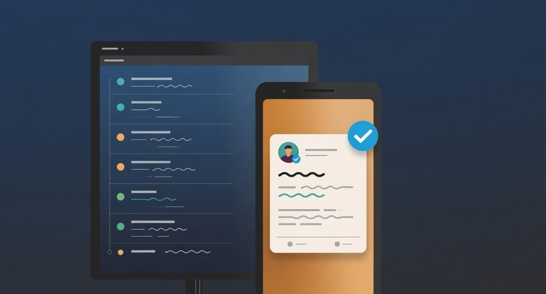 A published Threads post on a phone beside a pipeline log listing container status entries