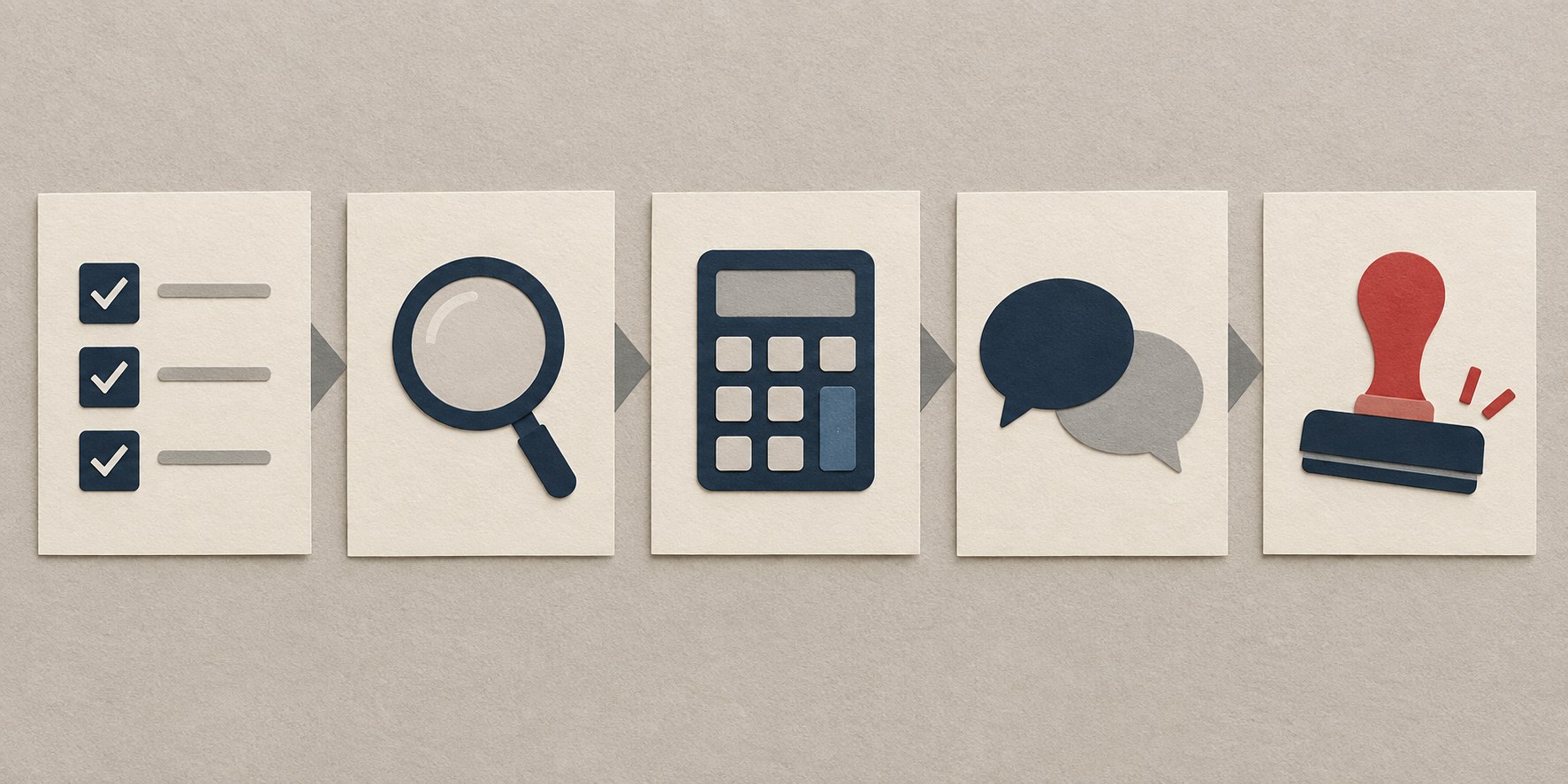 Five paper cards laid left to right forming an audit path with a checklist, magnifier, calculator, speech bubbles, and a decision stamp
