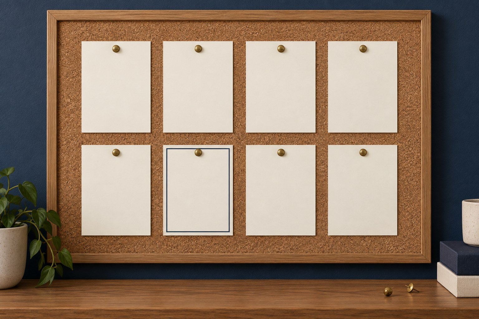 Eight small labeled cards arranged in two rows on a corkboard