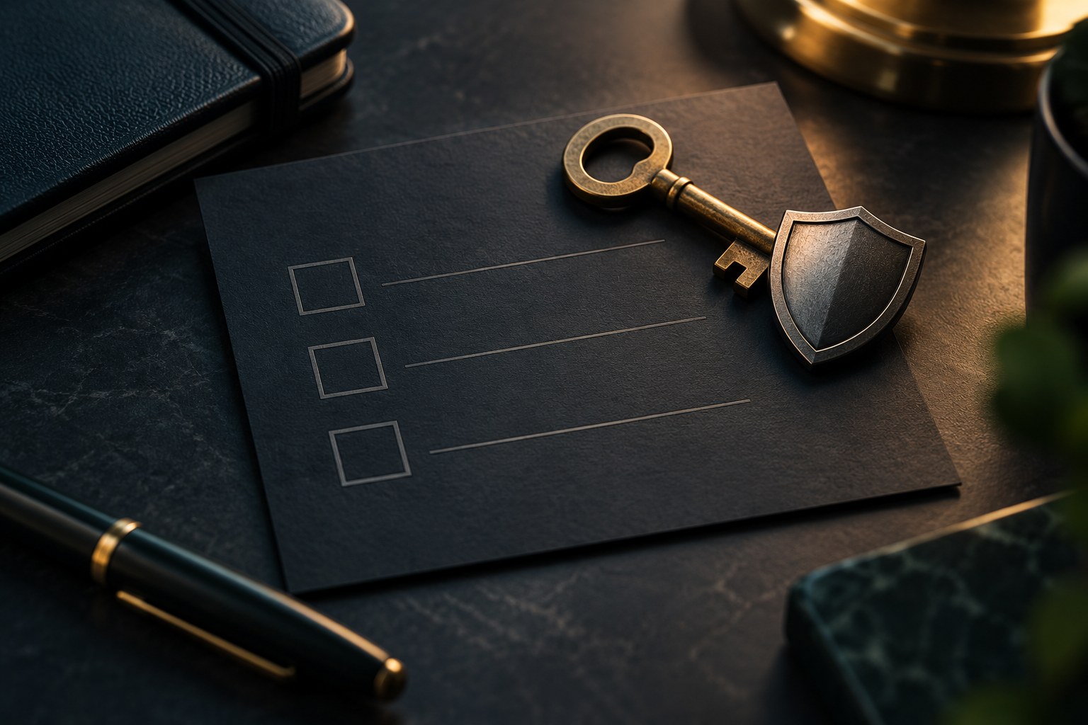 An ordered lockdown checklist card with a key and shield icon