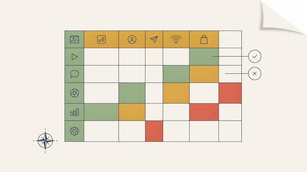 A channel-fit decision matrix with content types rated green yellow and red across five platforms
