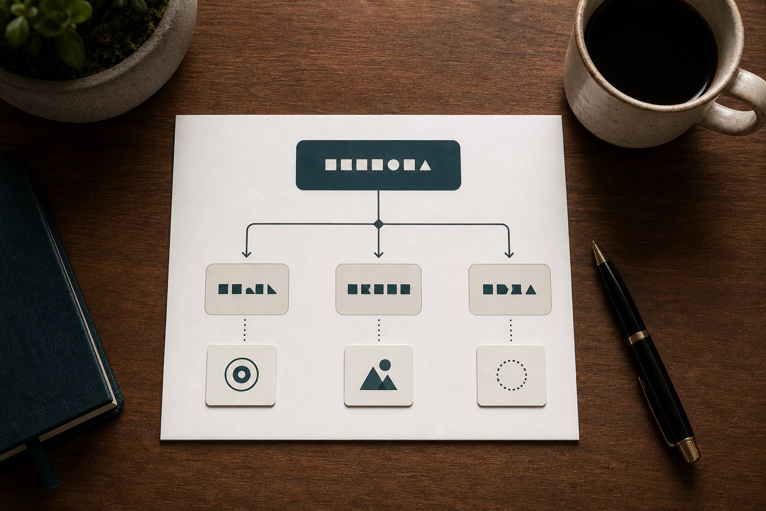 A three-branch decision flowchart on a clean desk scene with cards labeled identical, adapt, and skip, showing the cross-posting decision workflow.