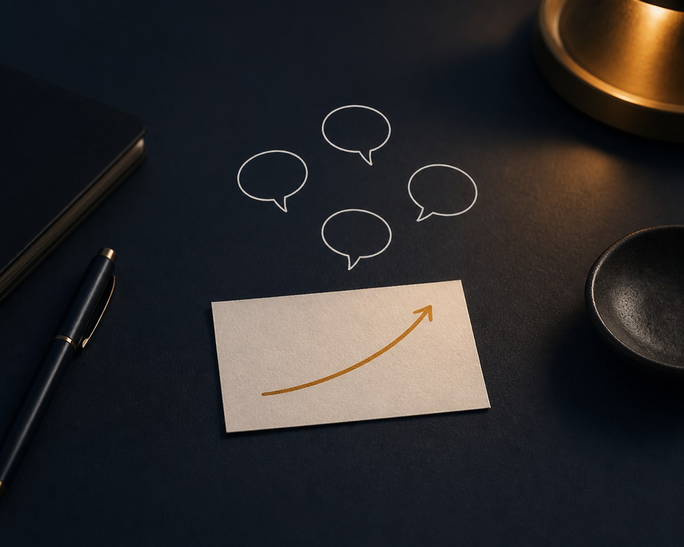 Dark professional illustration of one small post square at the top with several empty speech bubble outlines branching below it, drawn in fine white lines on a deep slate background.
