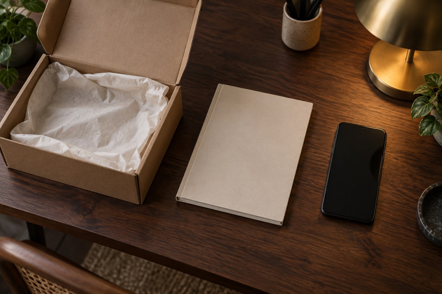 A creator at a desk comparing a product package with a notebook and phone before replying to an email