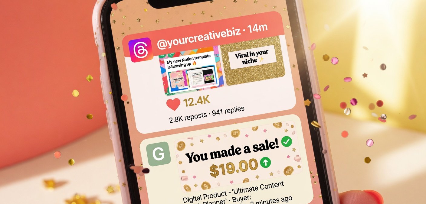 Smartphone showing Threads viral post notification and first Gumroad sale notification with confetti