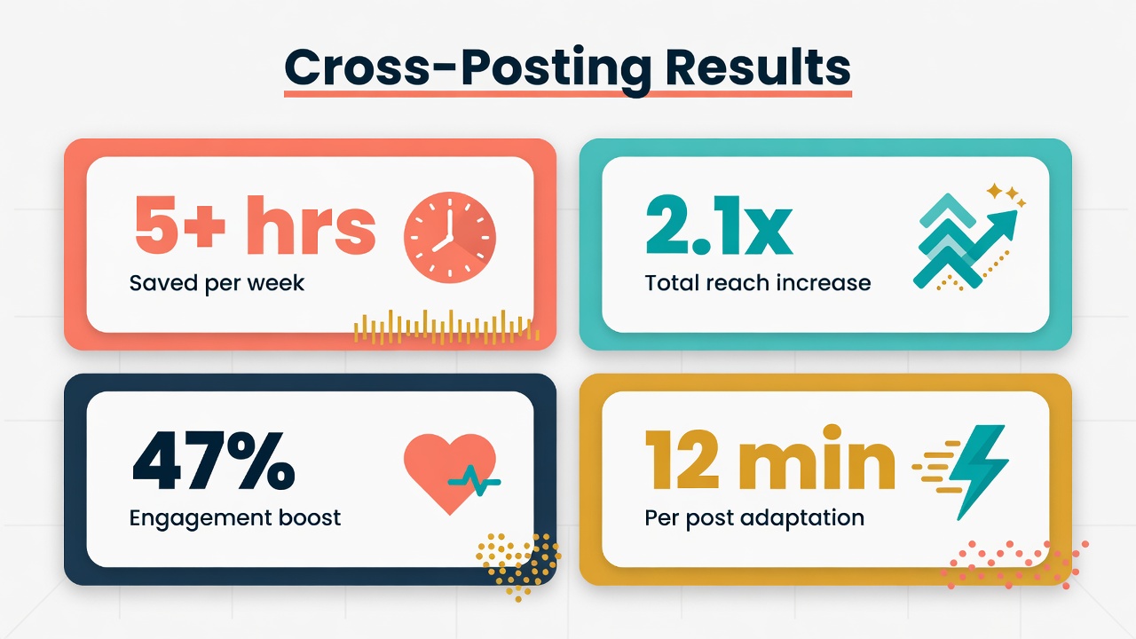 Results dashboard showing 5 hours saved per week, 2.1x reach increase, 47 percent engagement boost from cross-posting