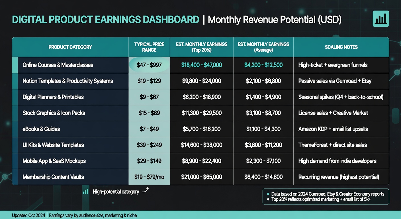 Data table comparing digital product types, price ranges, and monthly earning potential for faceless sellers