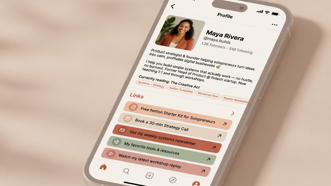 Mockup of an optimized Threads profile bio with clear value proposition and multiple links
